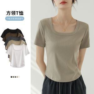 Slim Fit Short Sleeve T-Shirt Womens Summer U-Neck Half Sleeve Base Shirt Square Collar round Hem Cotton 100% Casual Top