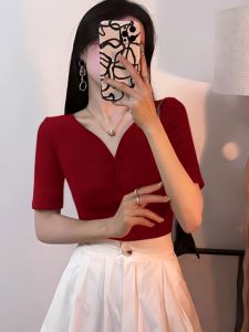 Áo Thun Tay Ngắn Cổ Chữ V Thiết Kế Đen Thanh Lịch Cho Nữ Mùa Hè Áo Thun Ôm Vừa Vặn Kiểu Pháp Chất Liệu Cotton Áo Thun Thường Ngày