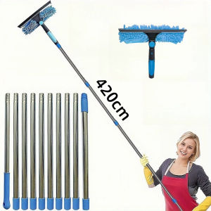 Extended Window Cleaning Kit 2 in 1 Double Sided Glass Squeegee Cleaner Duster Mop 180° Swivel Window Cleaning Tools