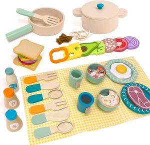 Wooden Pretend Play Kitchen Toys Cutting Food Accessories Set Kids Breakfast Set Baking Toy Childrens Role Playing Kitchen Toys