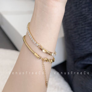 Daily Luxurious 18K Gold Plated Sparkling Full Diamond High Color Retention Buckle Thickened Snake Bone Bracelet Simple Stackable