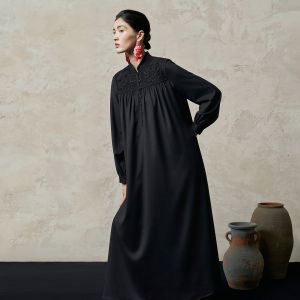 Hand-crocheted National Style Beaded Black Dress