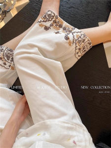 Retro Embroidered Lace Patchwork Straight Leg Jeans Womens Summer High Waist Loose Slimming Nine-Piece Jeans Deep Blue Color