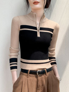 GEBEISHANG | Zip Half-Open Collar Color Block Design Slim-Fitting Long Sleeve Knit Sweater