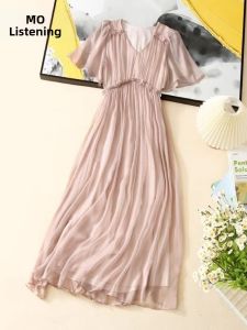XMO | Flared Silk A-Line Dress High Waist V-Neck Flouncy Sleeve Tummy Concealing