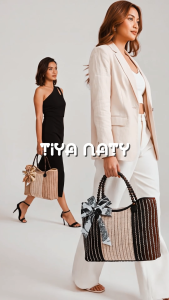 TIYA NATY Abaca Handbag with Lining Handmade Native Bag with Wooden Beads Handle stylish top handle