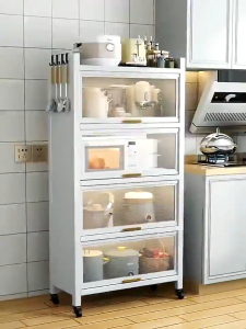 YOYO Microwave Oven Storage Cabinet | Dustproof Kitchen Organizer | Multi-Tier Carbon Steel Storage Cabinet for Rice Cooker Tableware & Appliances