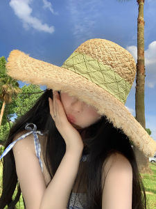 Elegant French Butterfly Knot Laffey Grass Woven Sun Hat Womens Summer Large Brim Sun Protection Hat Beach Vacation Sun Hat