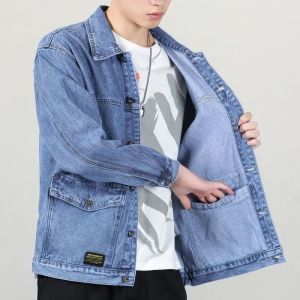 Áo Khoác Denim Dày Lót Lông Cừu Cho Nam Dáng Rộng Cỡ Lớn Mùa Đông Ấm Áp Làm Việc Phong Cách Nhật Bản Áo Khoác Ngoài Thường Ngày