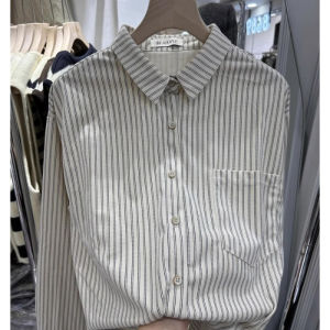 French Vintage Knitted Long Sleeve Striped Shirt Womens Outerwear Two-Piece Set Trendy Commute Loose Fit Button Detail