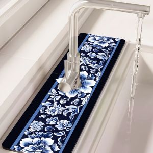 VIKAMA New Chinese-Style Blue-and-White Porcelain Feng Shui Drain Mat: Non-Slip Quick-Drying Water Trap Countertop Mat