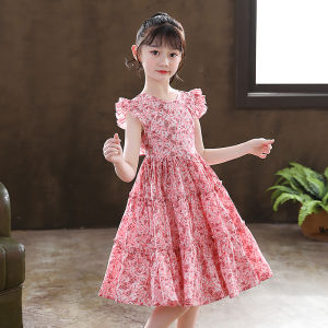Princess Style Summer Thin Vest Dress for Girls Lace Trim Beach Skirt Childrens Clothing Polyester Fabric Floral Pattern