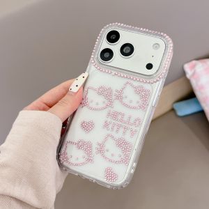 Sanrio | Cartoon Shining Diamond Sanrio Hello Kitty Chain Phone Case For iphone 17 16 15 14 Pro Max 13 Cute Shockproof Cover For Girl
