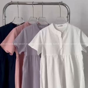 Áo sơ mi nữ A.608 Áo sơ mi cổ tàu tay ngắn dáng babydoll kèm cúc dọc thân phong cách dễ thương - Shop Chấm Bi