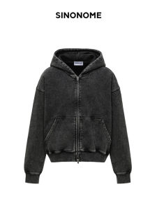 Sinonome Heavyweight Shortie Hoodie Jacket Zipper Closure Pure Cotton Washed Sweatshirt Outerwear for Men Trendy Autumn Winter
