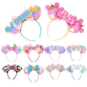 Mickey Mouse Ears Headband Women Birthday Girl Sequin Bow Minnie Hair Bands For DIY Hair Accessories Kid Gift
