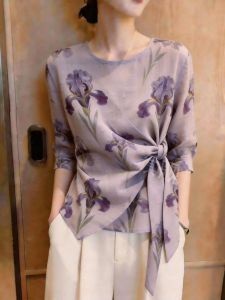 KUNAILIN | Floral V-neck Short Sleeve Tie-waist Blouse for Women