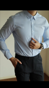 Áo Sơ Mi Nam Kẻ Nhỏ Xanh Nhạt – Chất Vải Mịn Mát – Form Slimfit Công Sở – Đi Làm Đi Tiệc