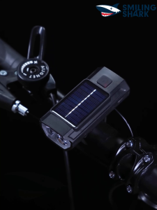 ไฟจักรยาน LED ฉลามยิ้ม * 2สว่างสุดๆไฟจักรยาน3โหมดพร้อมแตรพลังงานแสงอาทิตย์แบบชาร์จไฟได้ไฟจักรยานกลางแจ้งกันน้ำ QXD406ขี่จักรยานกลางคืน