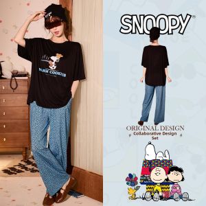 GONGDIE | Cooling Summer Sleepwear Cartoon Short Sleeve & Leopard Print Long Pants