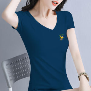 Summer Womens Slim Fit Short Sleeve T-Shirt Trendy V-Neck Printed Cotton Thin Model Peacock Blue Commute Style Korean Version