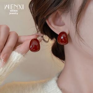 WENXI | Bông Tai Đỏ Thanh Lịch Nhẹ Nhàng Sang Trọng Đơn Giản Thời Trang