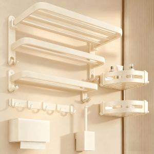 Bathroom Towel Rack Space Aluminum No Drilling Required Wall Mounted Bath Towel Storage Bar Cream Style Double Layer Holder