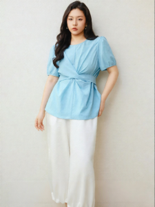plusmall | Waist Cinching Ruffle Collar Puff Sleeve Belted Shirt