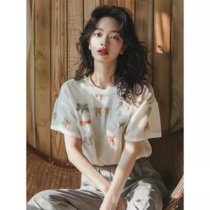 Áo Thun Nữ Dáng Rộng Cổ Tròn Tay Ngắn Mùa Hè Thường Ngày Thoải Mái Dễ Mặc Chất Liệu Cotton Dài Vừa Phải