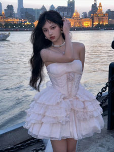 Sweet Birthday Cake Skirt Dress Puffy Sleeveless Short High Waist Gump Skirt Lace Trim Fishbone Strapless Dresses for Women