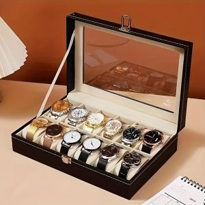 Luxury Black Faux Leather Watch Box with Glass Top Velvet Lined Lockable Flip Top Rectangular Display Case for 12 Watches