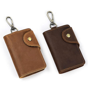 Crazy Horse Leather Key Bag Mens Multi functional Waist Hanging Keys Cards Cover
