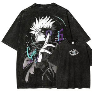 Bandai | Satoru Gojo T-shirt Jujutsu Kaisen Graffiti Eye Tee Vintage Washed Oversized Retro Anime Harajuku Men Streetwear Graphic Clothes