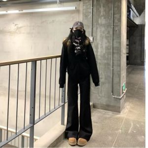 Low Waist Black Suit Pants Womens Slimming Flared Floor-Length Trousers Korean Style Commute Pocket Zipper Processing