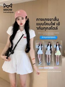 MiiOW | กางเกงขาสั้นทรงหลวมเอวสูงทรงเอสำหรับผู้หญิงในช่วงฤดูร้อน กางเกงขาสั้นทรงหลวมแบบลำลอง กระโปรงทรงดอกไม้ ผ้าฝ้ายผสมโพลีเอสเตอร์