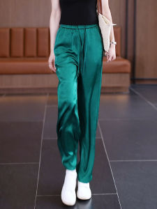 กางเกงขายาวทรงตรงเอวสูงผ้าไหมน้ำแข็งสีเขียวสำหรับผู้หญิง กางเกงขายาวทรงตรงบาง ทรงหลวม สไตล์เกาหลี ฤดูร้อน 2024