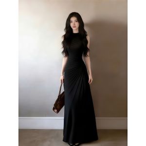 NINGXI | French Lady Style Irregular Pleated A-Line Fitted Maxi Dress