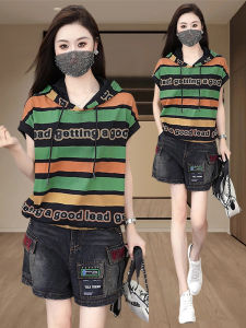 Shalldoer | Hooded Striped T-Shirt Denim Shorts Two-piece Set