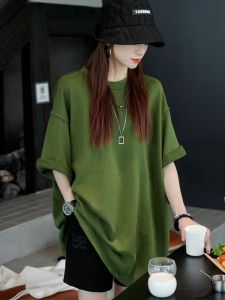 Green round-Neck Short Sleeve Hoodie T-shirt Female Summer Stylish Niche Loose Slim Fit Slimming Elegant Mid Length Long Length Tops