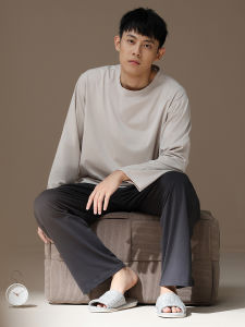 me home wear | Men Pure Cotton Long Sleeve Round Neck Sleepwear Set