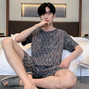 Summer Men Poplin Pajamas Suit Short Sleeve Shorts round Neck Pullover Teenagers Outwear Cool Feeling Thin Ice Silk