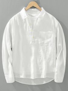 Loose Fit Long Sleeve Linen Polo Shirt Mens Summer Casual Shirt Spring Autumn Open Front Breathable Sun Protection Top