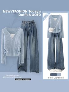 YNY | Layered Drawstring V-Neck Shirt High Waist Slimming Jeans Set