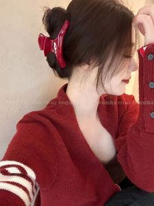 กิ๊บติดผมขนาดใหญ่สีแดงทองสไตล์ฝรั่งเศส กิ๊บติดผมรูปฉลามสีอะซิเตทสำหรับผู้หญิง สไตล์เกาหลี แฟชั่น เครื่องประดับผม
