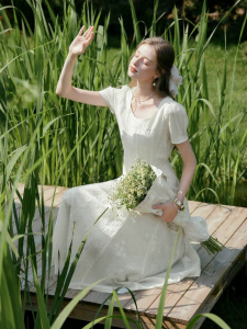 XIANGYING | Square Collar Embroidered Waist Cinched Dress