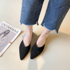 Knitted Open-Toe Mules Womens Summer Outwear Lazy No-Back Slippers Korean Style Hollow out Flat Heel Rubber Bottom Shoes