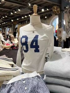 BM American Retro Spring Autumn New White Long Sleeve Cotton T-shirt with One-Word Collar Printed Design BM Pure Cotton Underwear