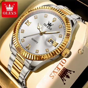 OLEVS Watch For Men Original Brand Waterproof Pawnable Import Movement Fashion Luxury Gold Stainless Steel Strap Calendar Gift For Boyfriend