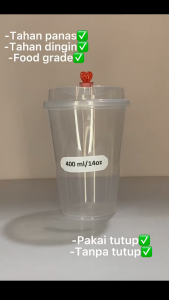 【CUP & TUTUP 25 PCS】Cup Injection Datar 14oz 400ml Reusable / Gelas Plastik Tebal Thinwall + Tutup Anti Tumpah Isi 25pcs Per pack