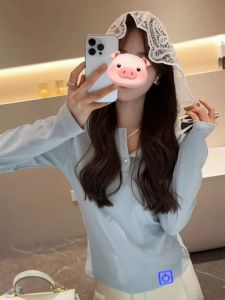 BINKAFENNY | Korean Style Blue Lace Splice Long Sleeve T-Shirt Womens Initial Autumn Gentle Wind Slim Short Base Shirt Top